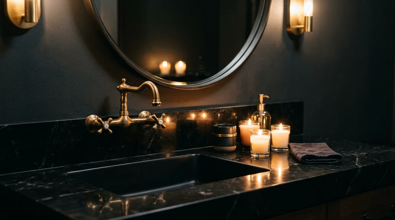 Layer black stone with softer warm metals inspiration for a moody bathroom.